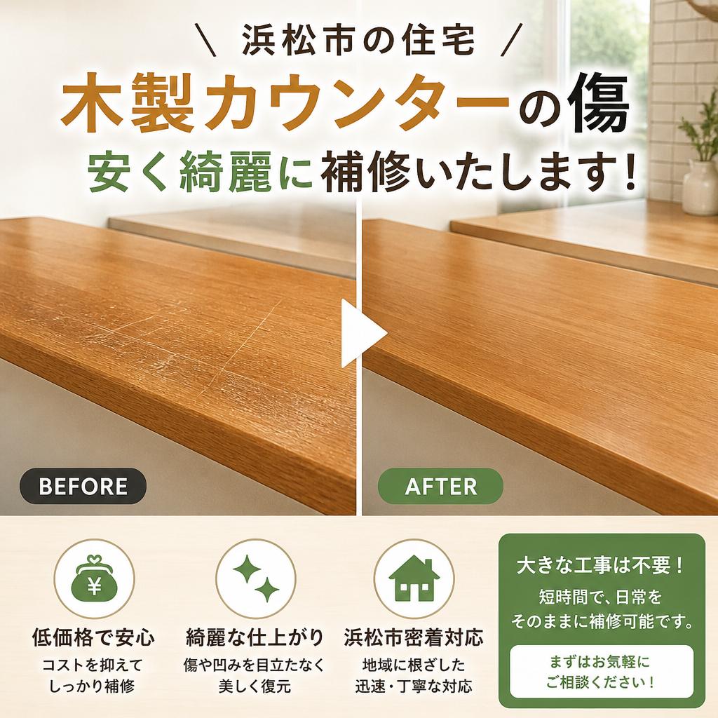 浜松市の住宅、木製カウンターの傷安く綺麗に補修いたします！