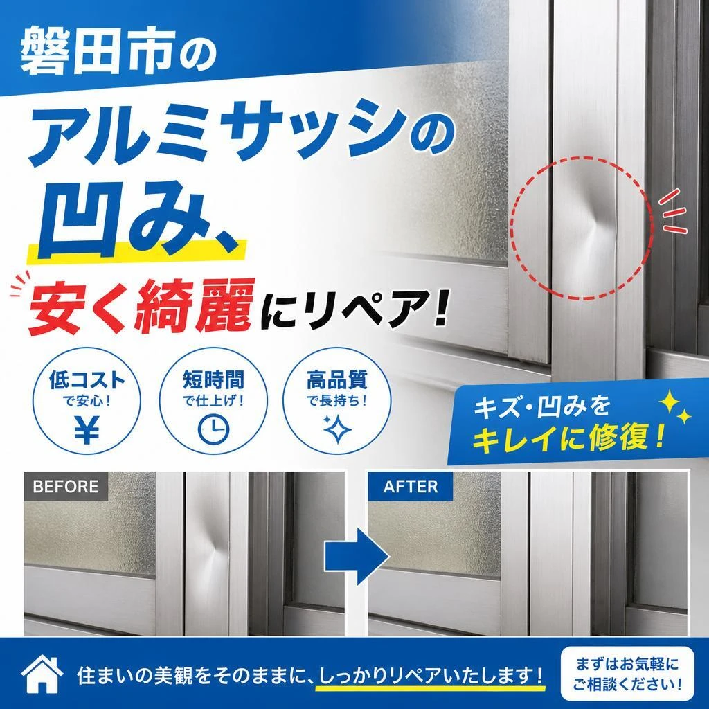 磐田市のアルミサッシの凹み、安く綺麗にリペア！