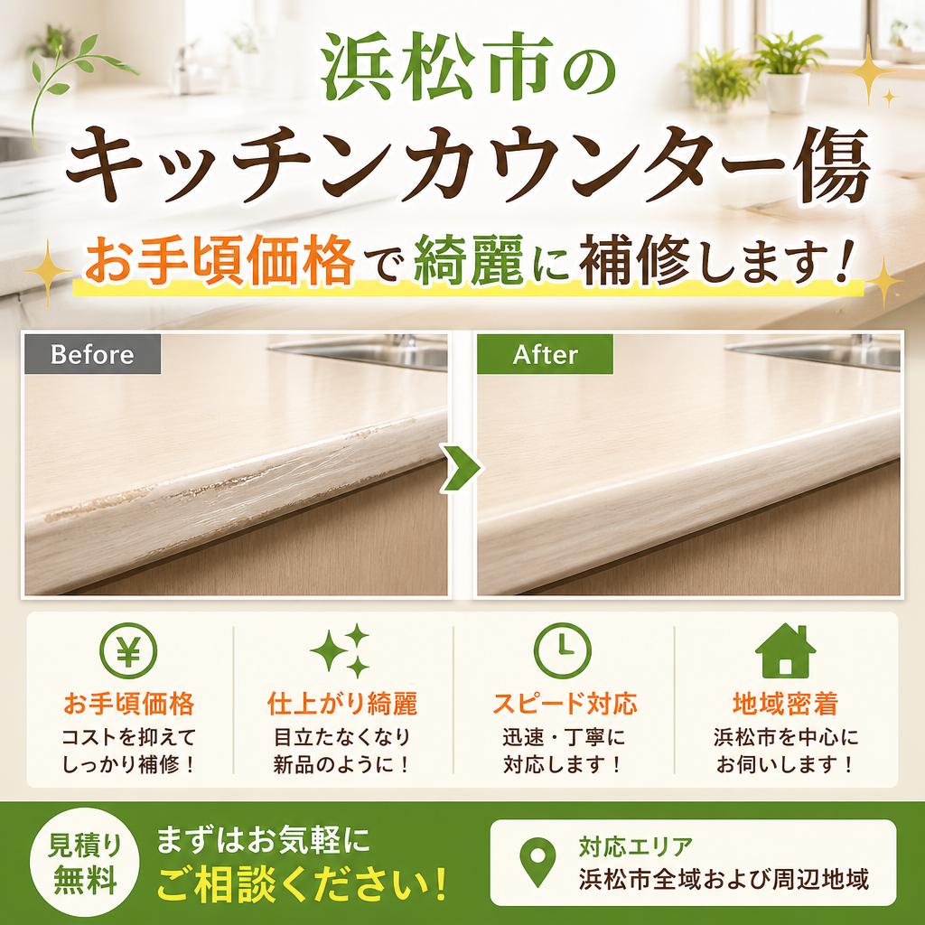 浜松市のキッチンカウンター傷、お手頃価格で綺麗に補修します！