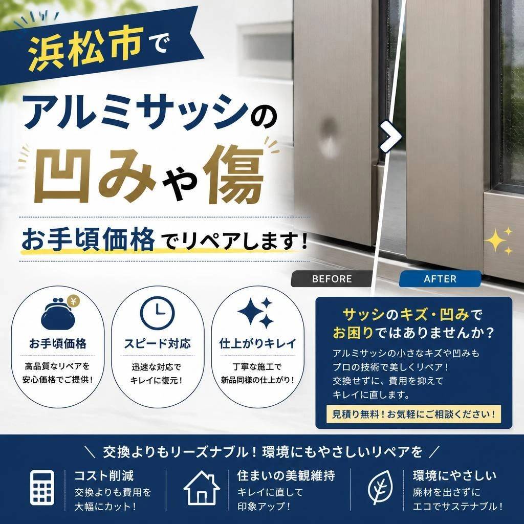 浜松市でアルミサッシの凹みや傷、お手頃価格でリペアします！