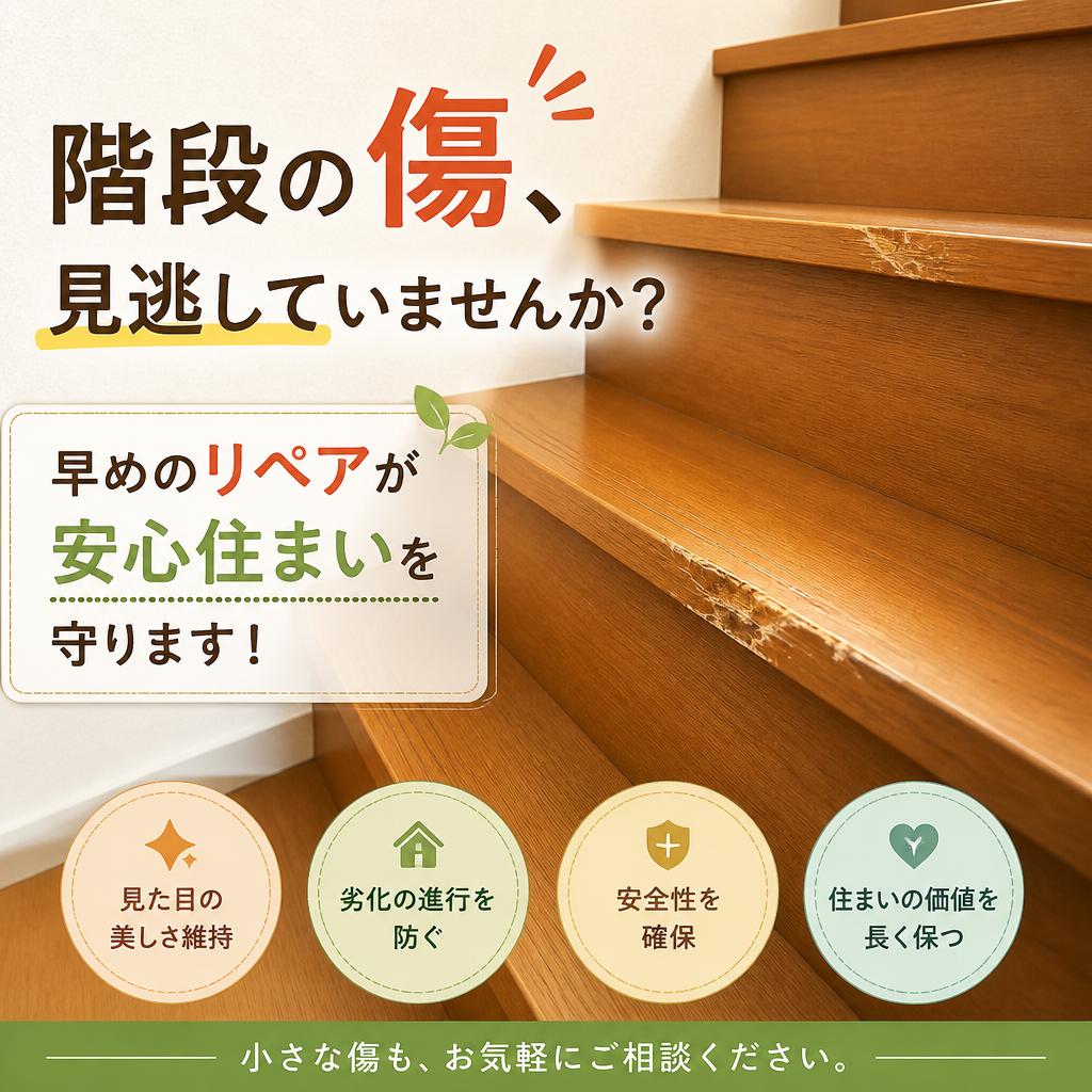 階段の傷、見逃していませんか？早めのリペアが安心住まいを守ります！